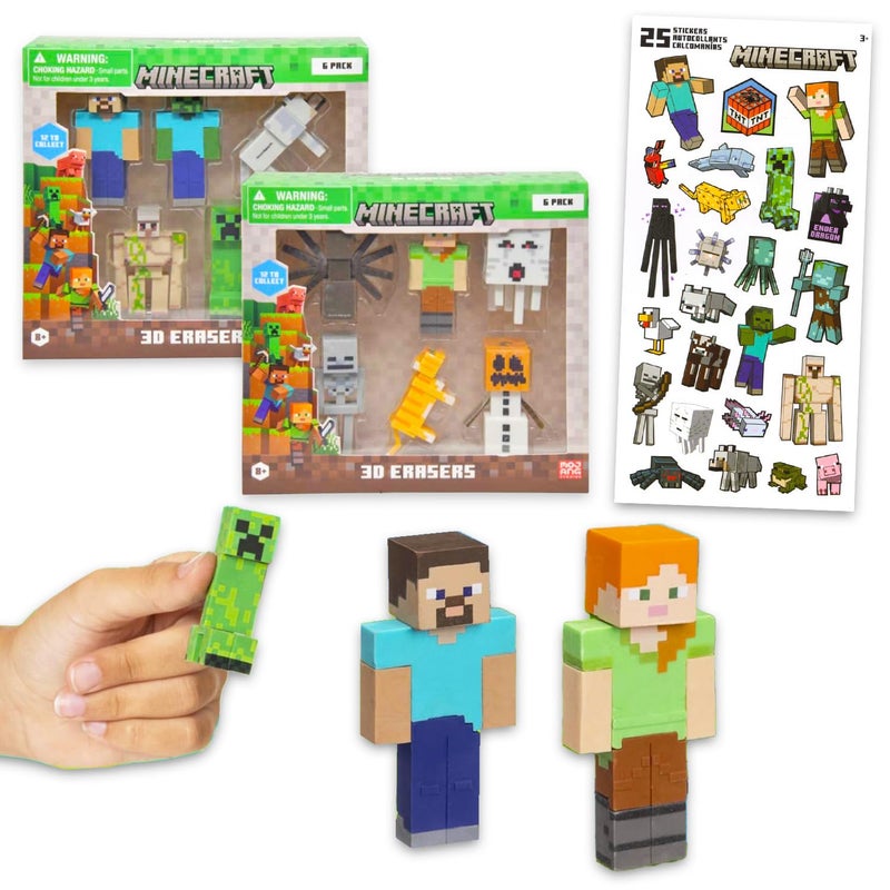Minecraft Party Favor Set - Bundle with 12 Video Game Erasers Featuring Creeper, Zombie, More Plus Stickers | Minecraft Party Supplies Kit for Kids, Boys, Girls - Image 1